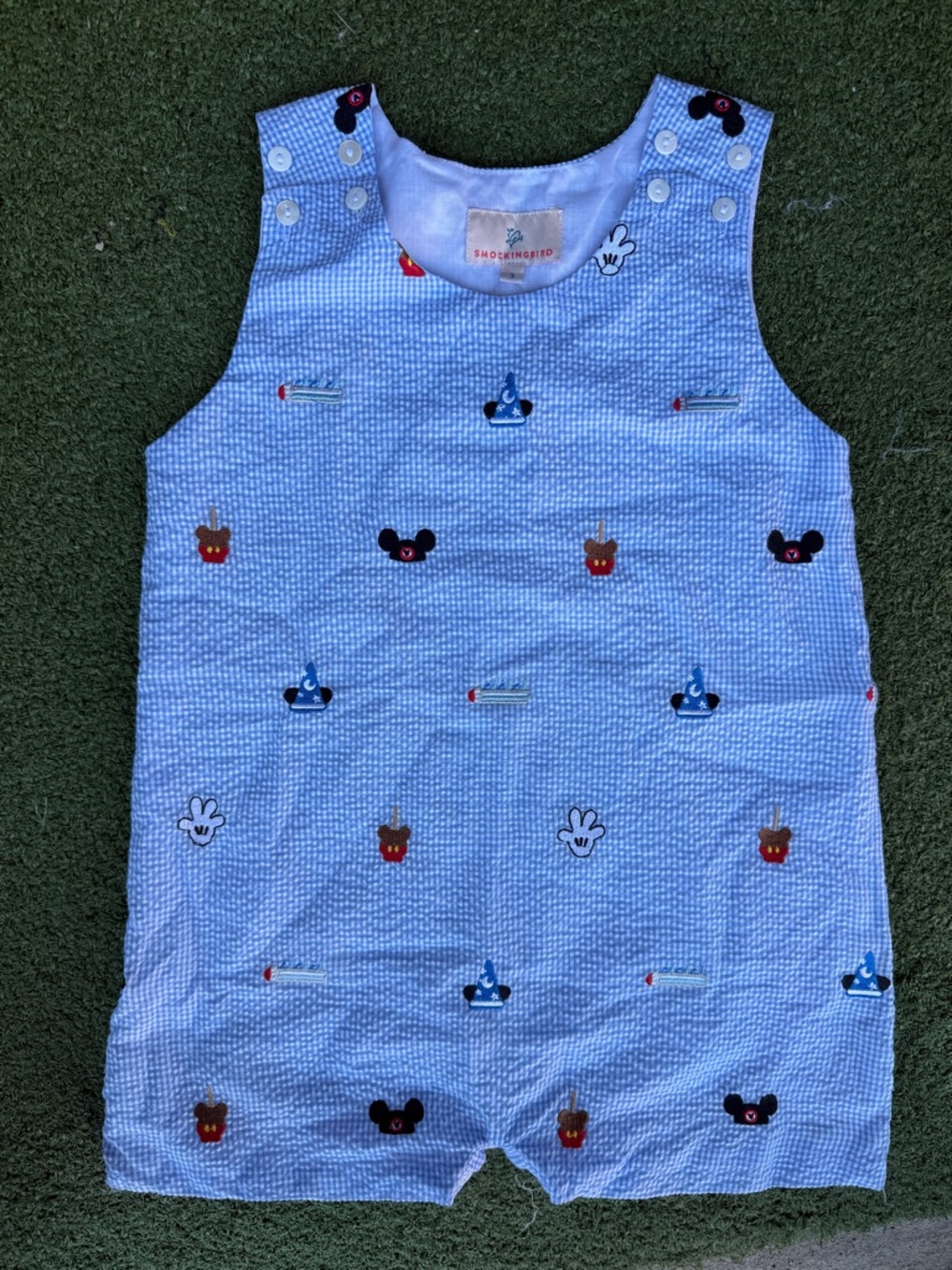 Smockingbird Blue Baby Seersucker Romper with Disney Icons Embroidered / Size 3